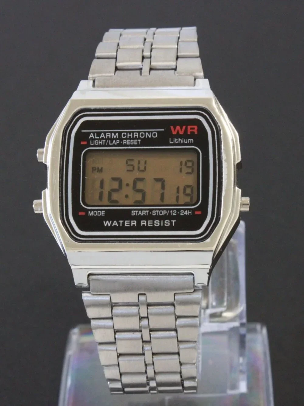 Retro Style Digital Watch Metal Case Bracelet Back light, Stopwatch, Day, Date